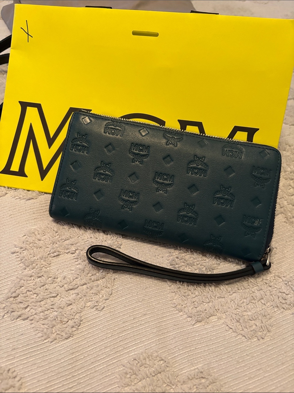 MCM Men's Teal Embossed Leather Zip-Around Wallet with Wristlet